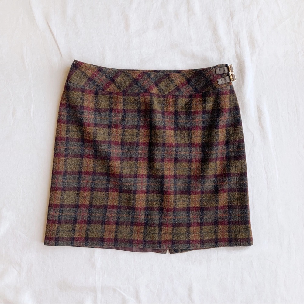 Lauren Ralph Lauren Olive Green Plaid Wool Mini Skirt with Burgundy and Navy